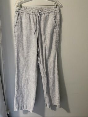 Talbots Linen Blend Wide Leg Pants Drawstring Waist Casual Sz 10P Blue White